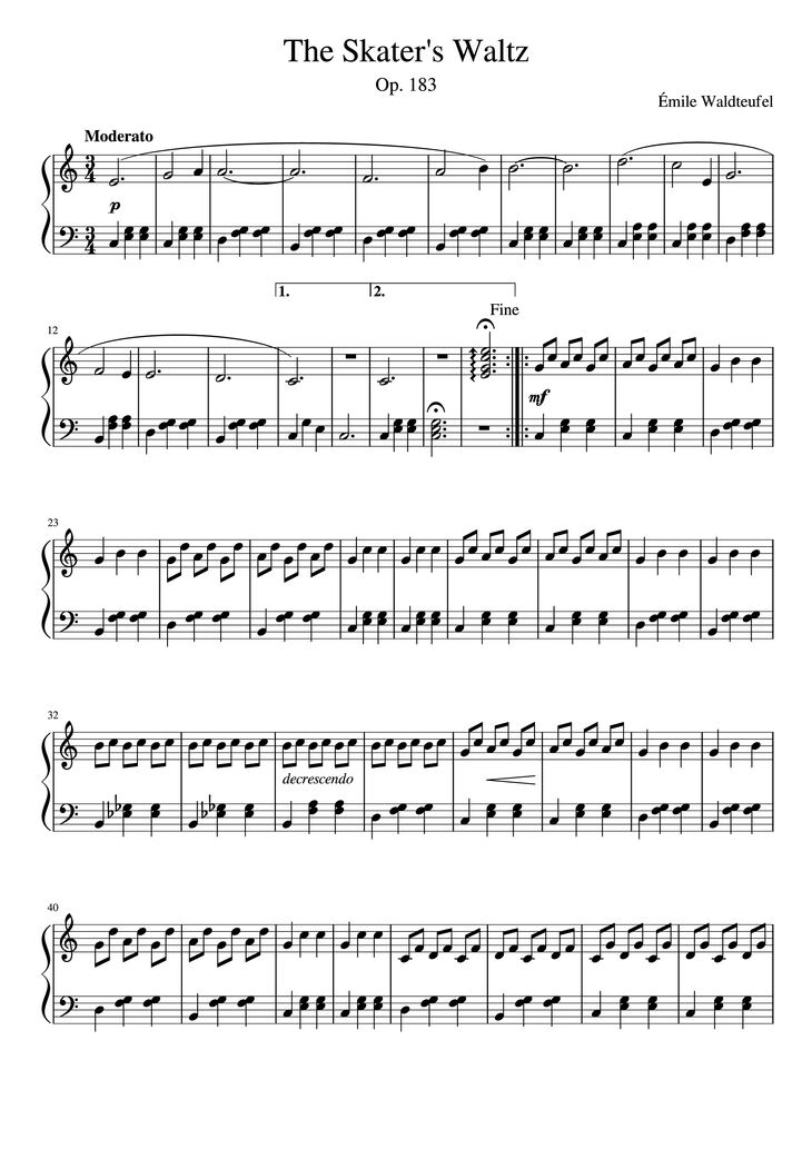 Page 1 of the piano sheet music PDF Piano – The Skater
