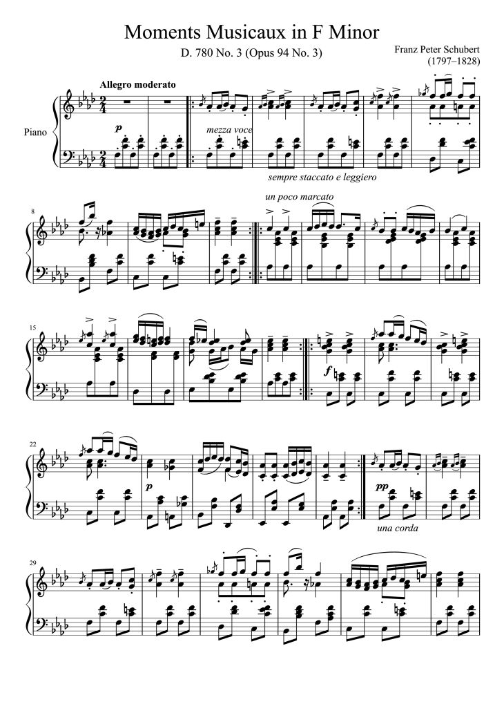 Page 1 of the piano sheet music PDF Piano – Moments Musicaux in F Minor Piano by Franz Peter Schubert