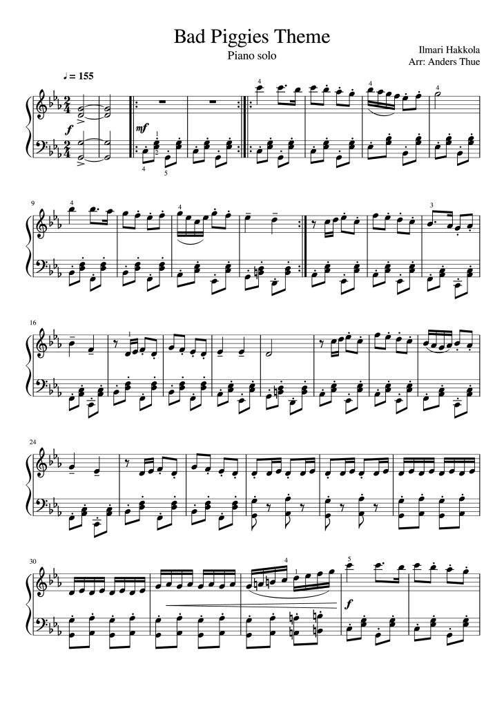 Page 1 of the piano sheet music PDF Piano – Bad Piggies Theme Piano by Ilmari Hakkola Arr: Anders Thue