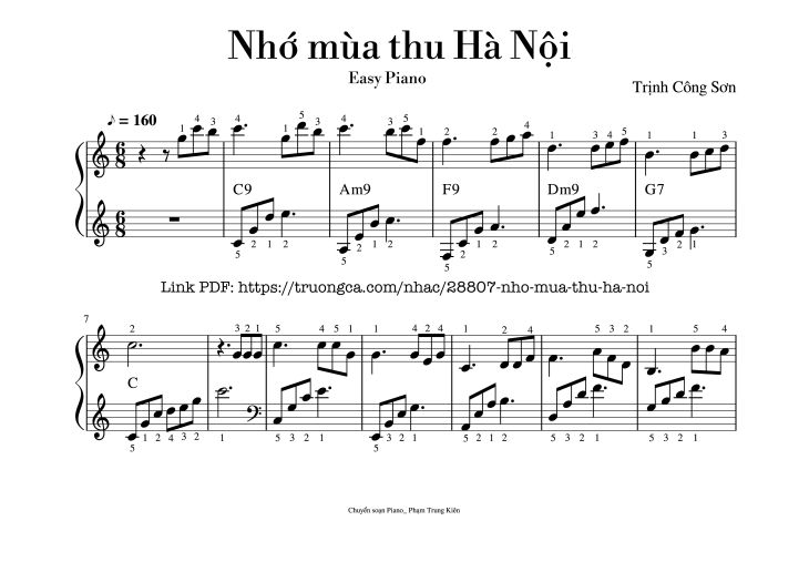 Page 1 of the piano sheet music PDF – Nhớ mùa thu Hà Nội (Piano dễ tập) by Trịnh Công Sơn (piano Phạm Trung Kiên)