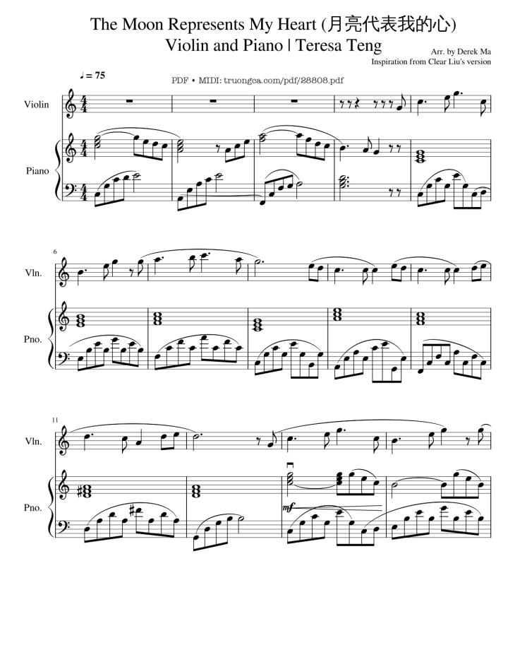 Page 1 of the piano sheet music PDF Piano – The Moon Represents My Heart (月亮代表我的心) Ánh trăng nói hộ lòng tôi Violin and Piano by Teresa Teng
