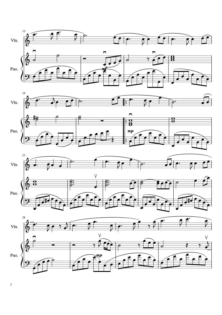 Page 2 of the piano sheet music PDF Piano – The Moon Represents My Heart (月亮代表我的心) Ánh trăng nói hộ lòng tôi Violin and Piano by Teresa Teng