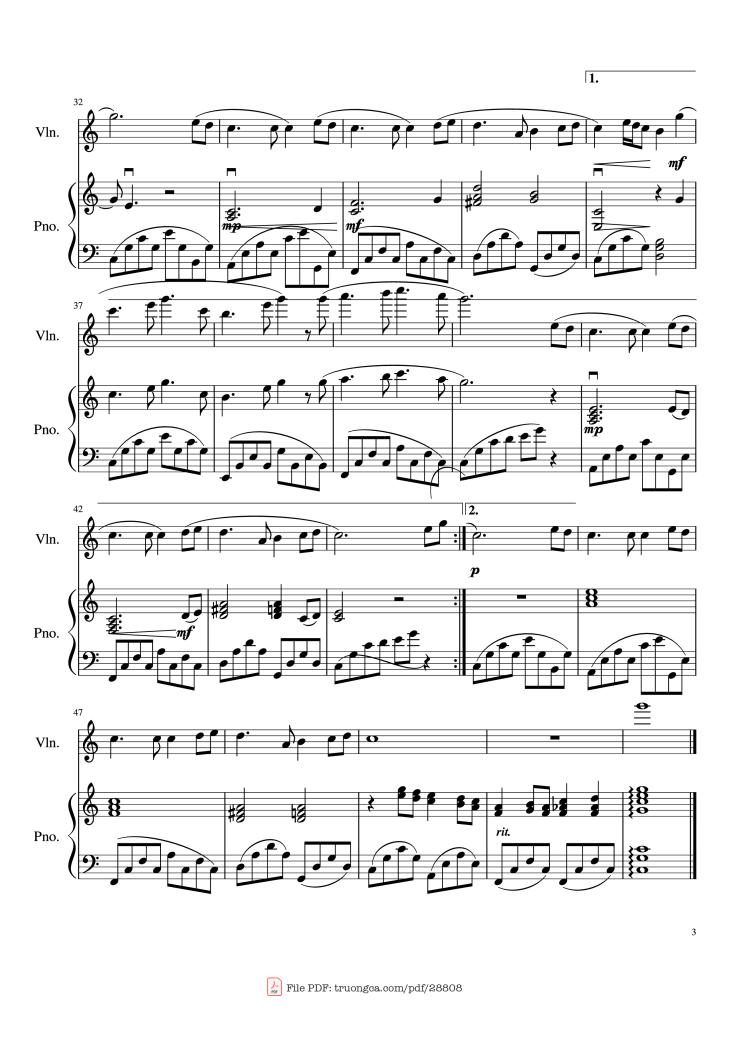 Page 3 of the piano sheet music PDF Piano – The Moon Represents My Heart (月亮代表我的心) Ánh trăng nói hộ lòng tôi Violin and Piano by Teresa Teng