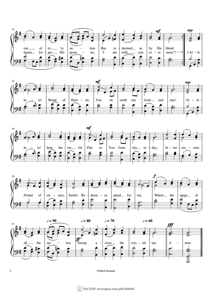 Page 2 of the piano sheet music PDF – Alleluia! Sing to Jesus (HYFRYDOL) by Rowland H. Prichard
