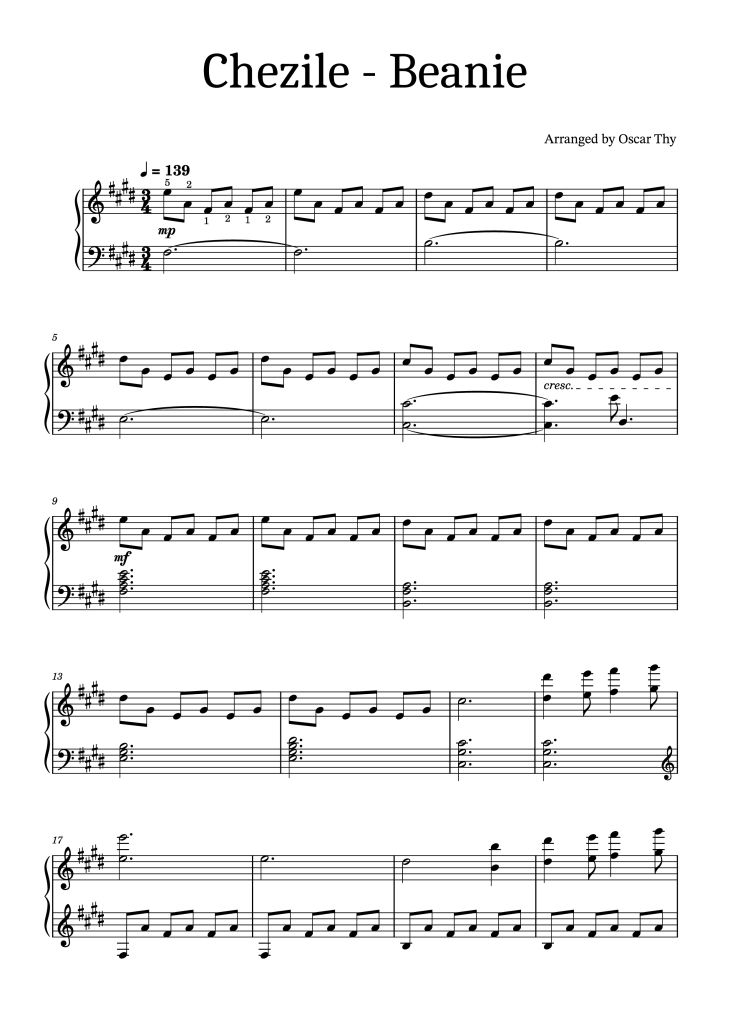 Page 1 of the piano sheet music PDF Piano – Chezile - Beanie Piano by Chezile