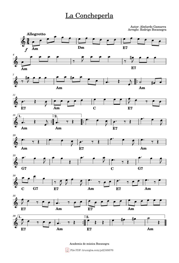 Page 1 of the piano sheet music PDF Piano – La Concheperla Piano by Autor: Abelardo Gamarra