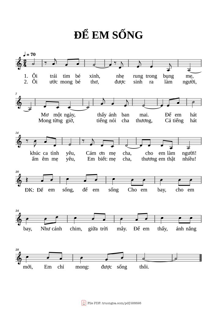 Page 1 of the piano sheet music PDF – Để em sống by Composer