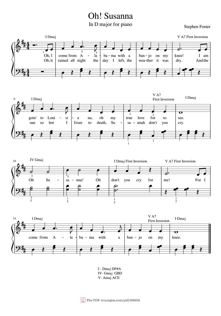 Page 1 of the piano sheet music PDF – Oh! Susanna (don