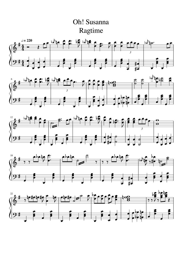 Page 1 of the piano sheet music PDF – Oh! Susanna Ragtime Piano by Stephen Foster