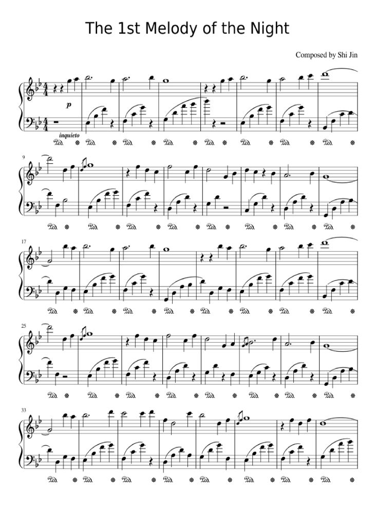 Page 1 of the piano sheet music PDF Piano – The 1st Melody of the Night Piano by Shi Jin