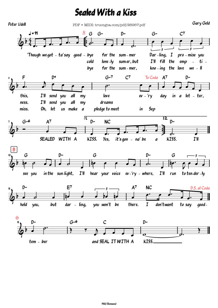 Page 1 of the piano sheet music PDF Piano – Sealed With a Kiss by Gary Geld