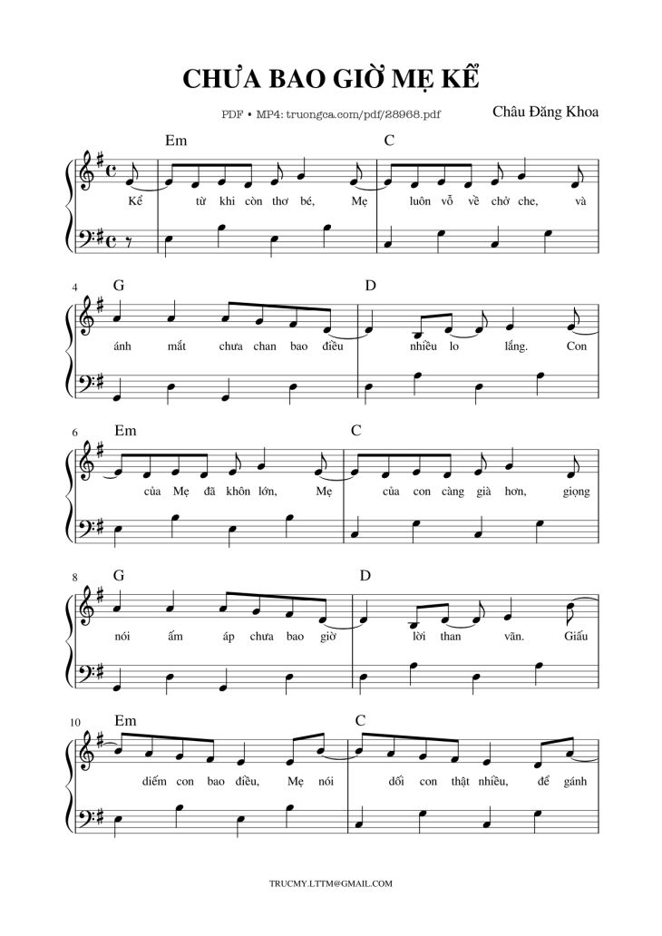 Page 1 of the piano sheet music PDF Piano – Chưa bao giờ mẹ kể Piano by Châu Đăng Khoa