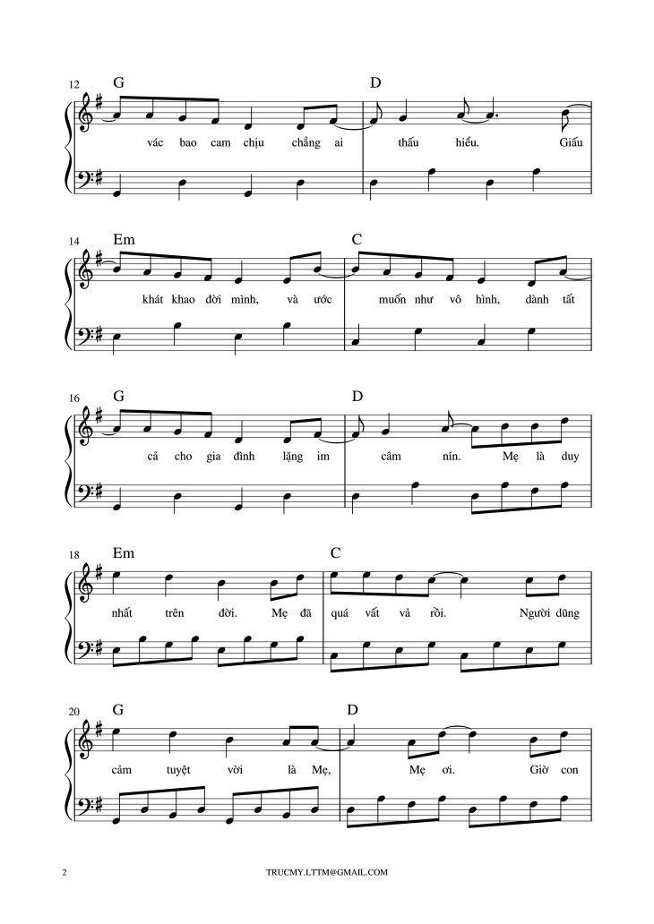 Page 2 of the piano sheet music PDF Piano – Chưa bao giờ mẹ kể Piano by Châu Đăng Khoa