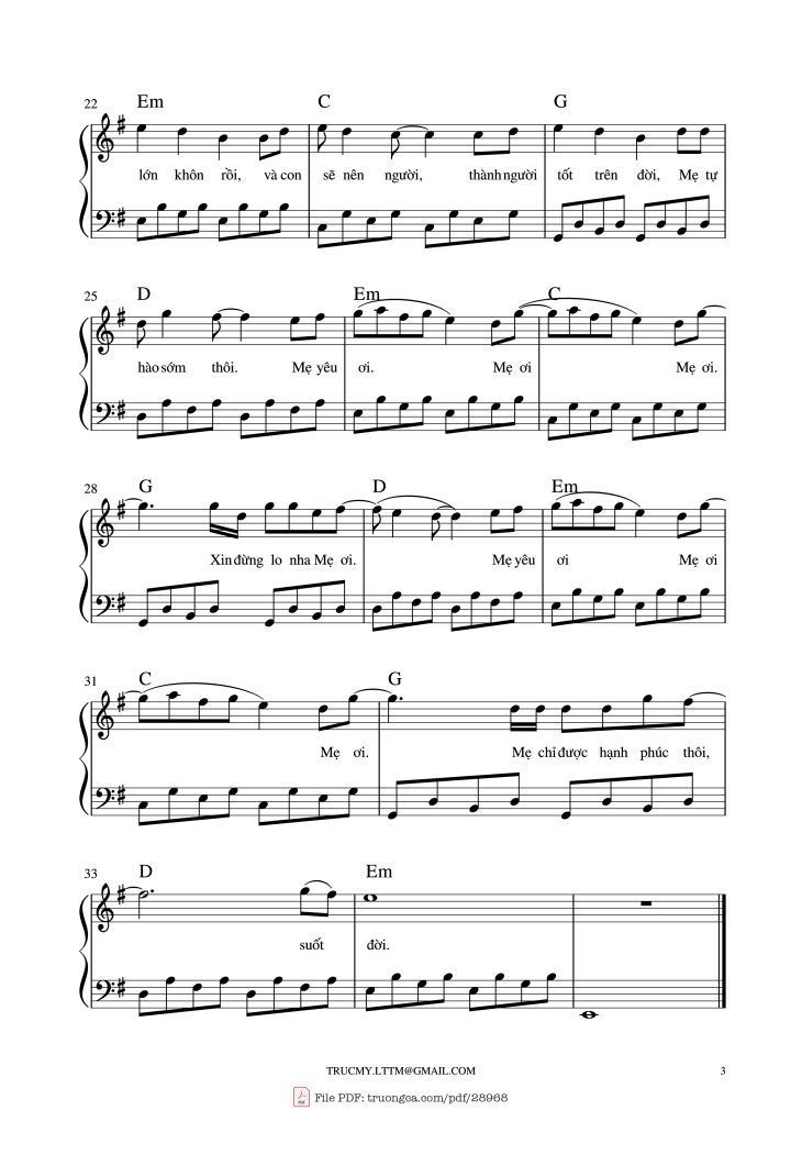 Page 3 of the piano sheet music PDF Piano – Chưa bao giờ mẹ kể Piano by Châu Đăng Khoa