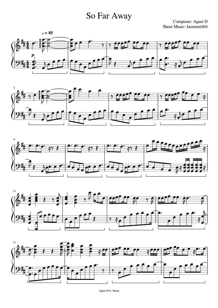 Page 1 of the piano sheet music PDF Piano – So Far Away Piano by Agust D