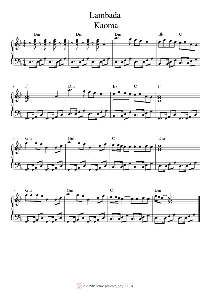 Page 1 of the piano sheet music PDF Piano – Lambada Kaoma Piano Easy by Kaoma