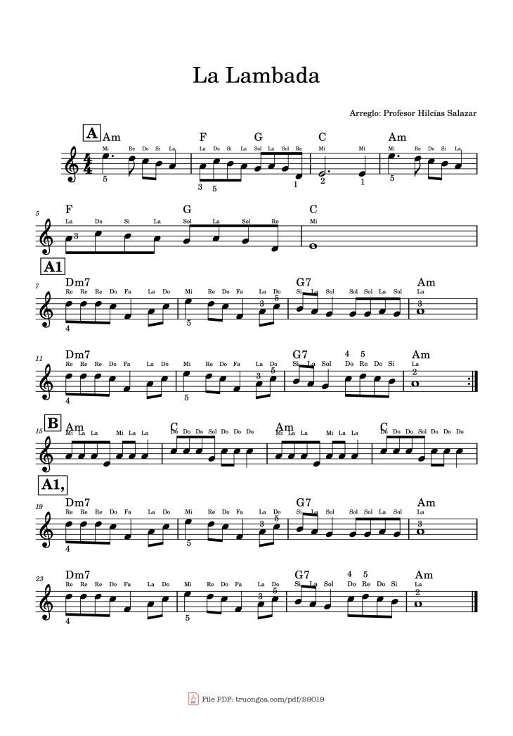 Page 1 of the piano sheet music PDF Piano – La Lambada Piano (With Note Names) by Kaoma