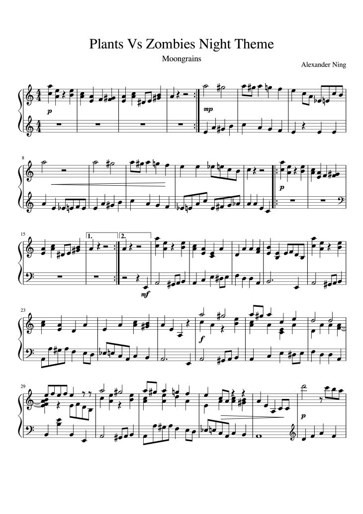 Page 1 of the piano sheet music PDF Piano – Plants Vs Zombies Night Theme Piano by Alexander Ning