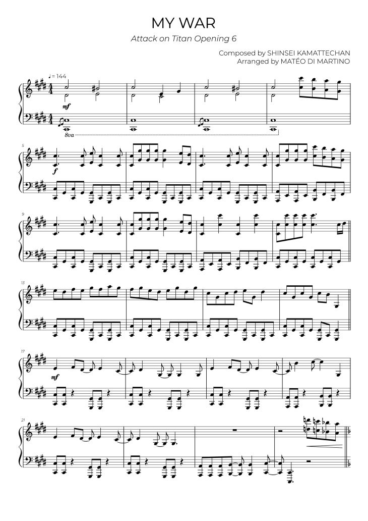 Page 1 of the piano sheet music PDF Piano – MY WAR Piano by Composed by SHINSEI KAMATTECHAN