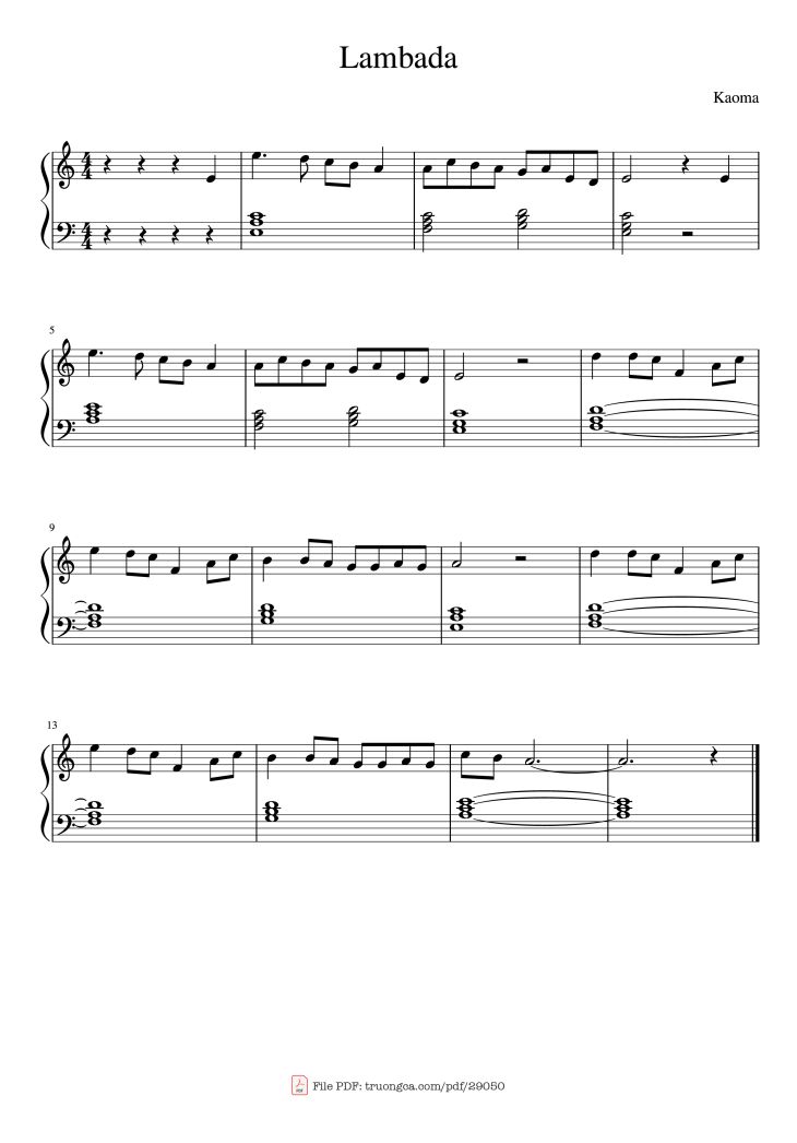 Page 1 of the piano sheet music PDF Piano – Lambada Piano Kid by Kaoma