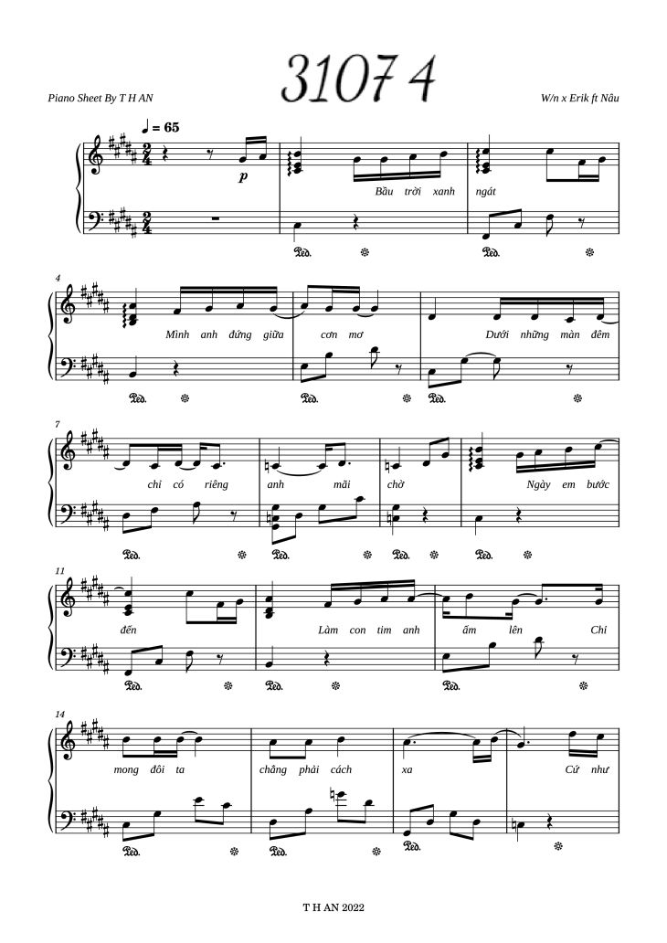 Page 1 of the piano sheet music PDF Piano – 3107-4 W/n ft Erik, Nâu Piano by W/n x Erik ft Nâu