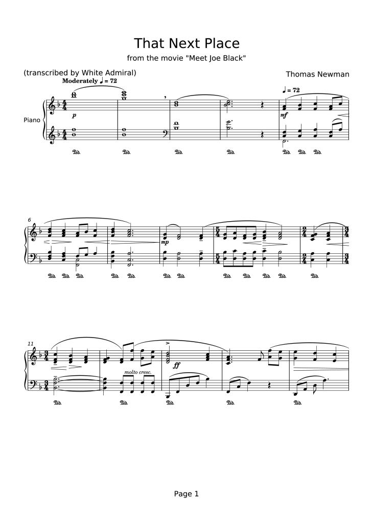 Page 1 of the piano sheet music PDF Piano – That Next Place Piano by Thomas Newman