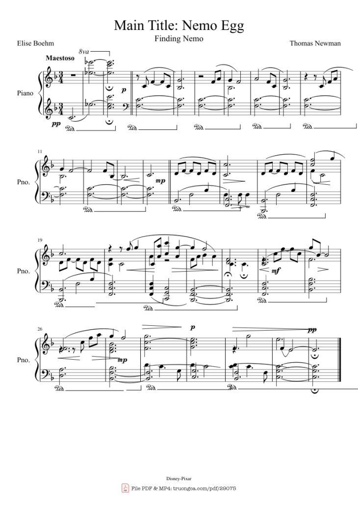 Page 1 of the piano sheet music PDF Piano – Main Title: Nemo Egg Piano by Thomas Newman