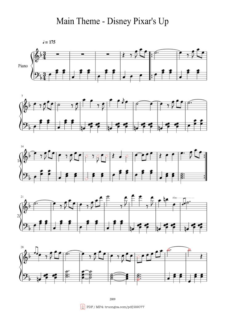 Page 1 of the piano sheet music PDF Piano – Up With Titles - Main Theme - Disney Pixar