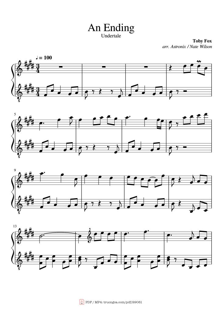 Page 1 of the piano sheet music PDF Piano – An Ending Piano by Toby Fox