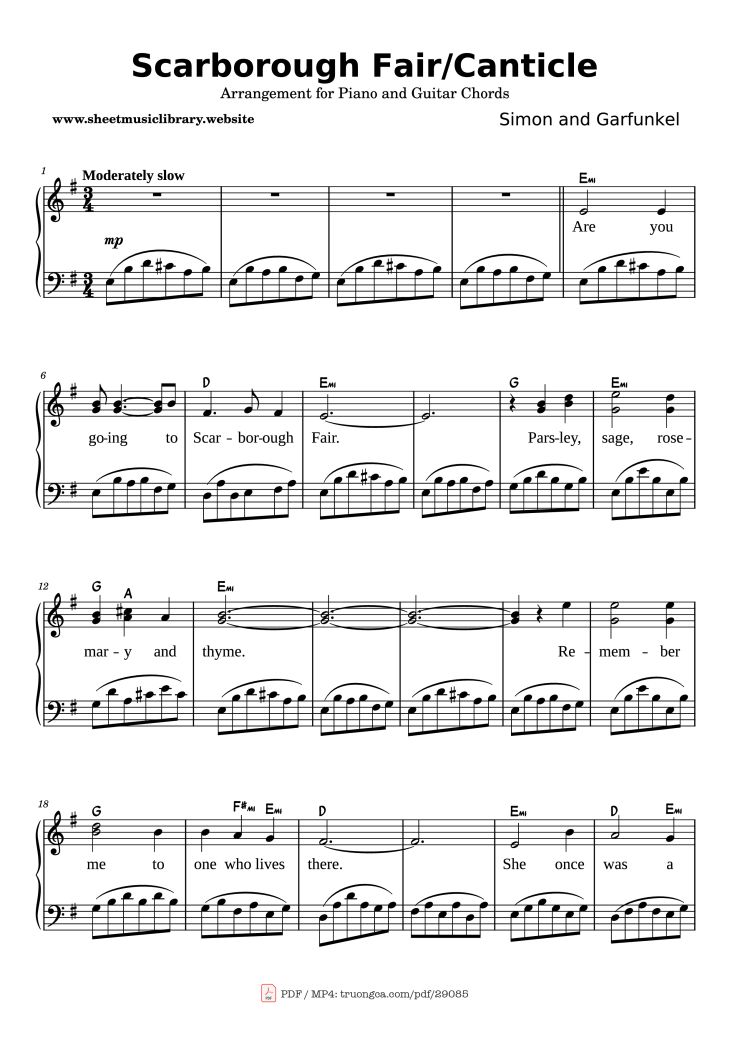 Page 1 of the piano sheet music PDF Piano – Scarborough Fair/Canticle Piano by Simon and Garfunkel