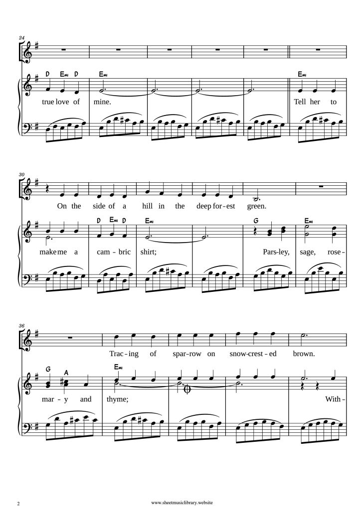 Page 2 of the piano sheet music PDF Piano – Scarborough Fair/Canticle Piano by Simon and Garfunkel