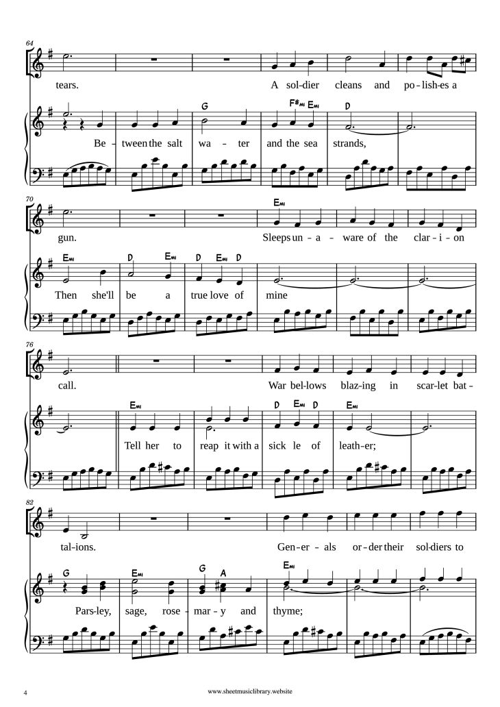 Page 4 of the piano sheet music PDF Piano – Scarborough Fair/Canticle Piano by Simon and Garfunkel