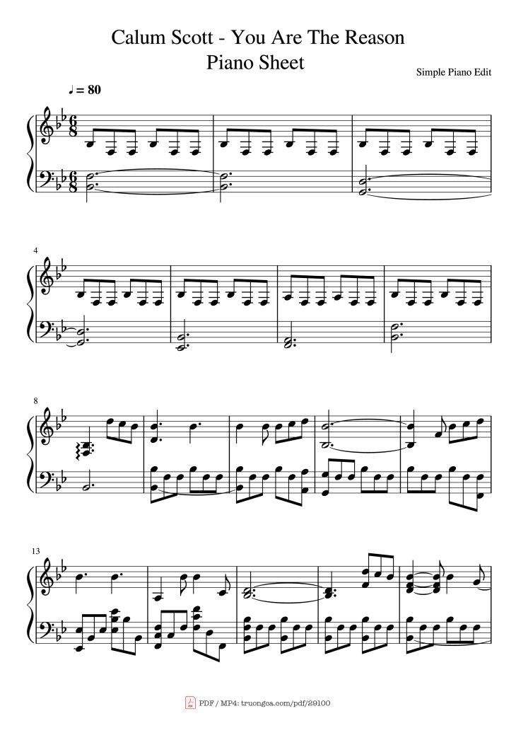 Page 1 of the piano sheet music PDF Piano – Calum Scott - You Are The Reason Piano Sheet by Simple Piano Edit