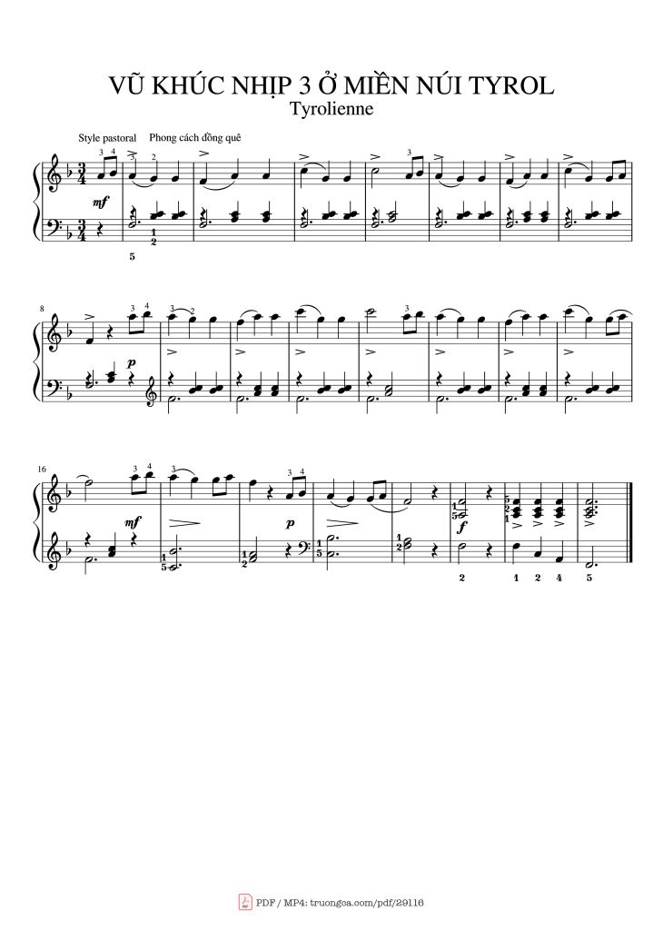 Page 1 of the piano sheet music PDF Piano – Vũ khúc nhịp 3 ở miền núi TYROL Piano by Methode Rose