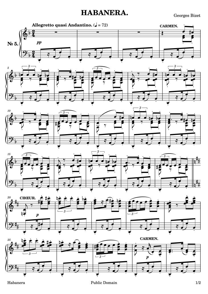 Page 1 of the piano sheet music PDF Piano – HABANERA. Piano by Georges Bizet