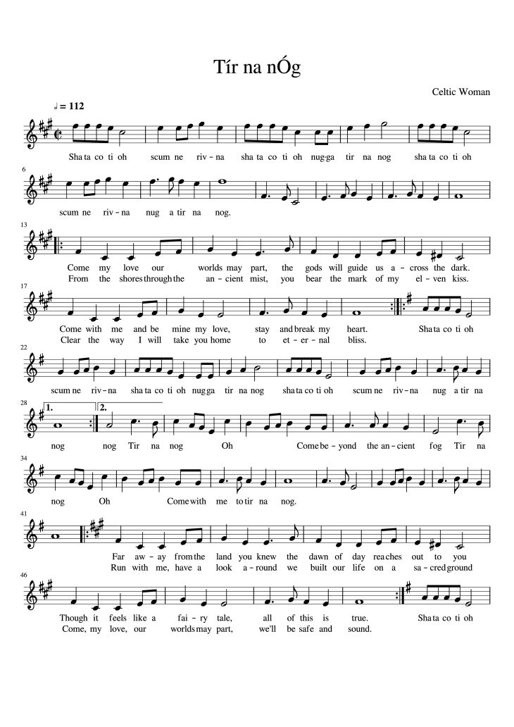 Page 1 of the piano sheet music PDF – Tír na nÓg Violin by Celtic Woman