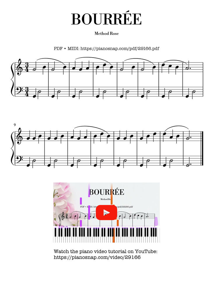 Page 1 of the piano sheet music PDF Piano – Bourrée - Method Rose Piano by Methode Rose