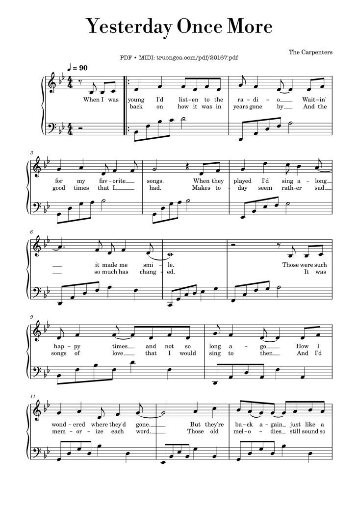 Page 1 of the piano sheet music PDF Piano – Yesterday Once More Piano by The Carpenters