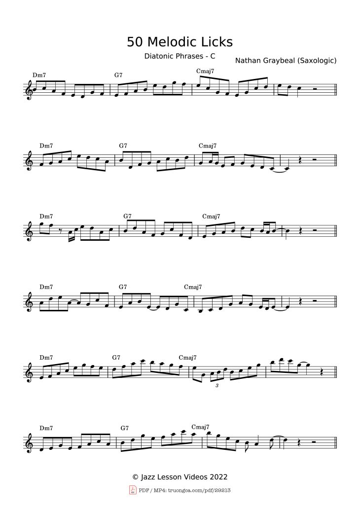 Page 1 of the piano sheet music PDF Piano – 50 Melodic Licks Piano by Nathan Graybeal (Saxologic
