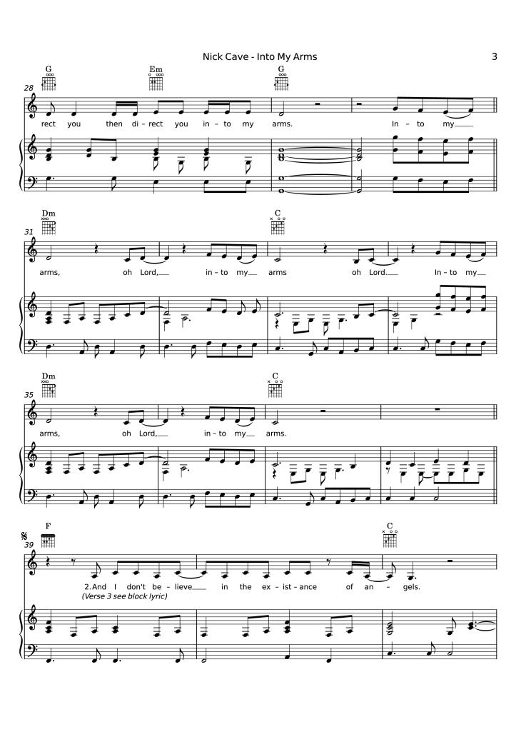 Page 3 of the piano sheet music PDF Piano – Into My Arms Piano by Nick Cave