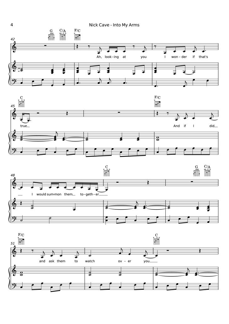 Page 4 of the piano sheet music PDF Piano – Into My Arms Piano by Nick Cave