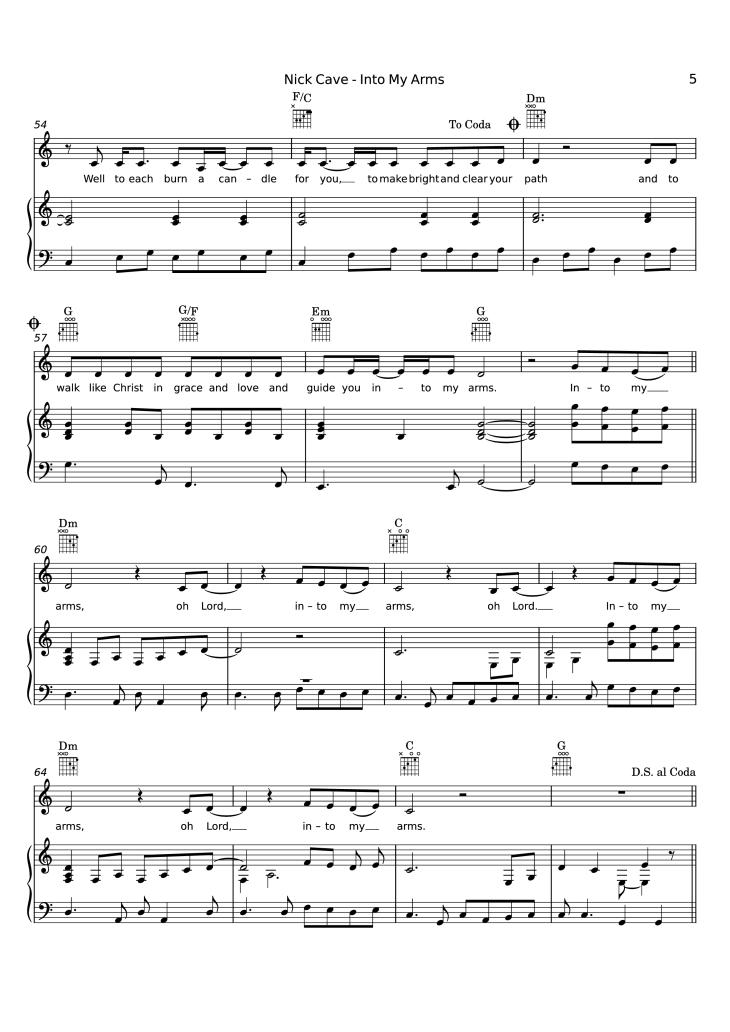 Page 5 of the piano sheet music PDF Piano – Into My Arms Piano by Nick Cave