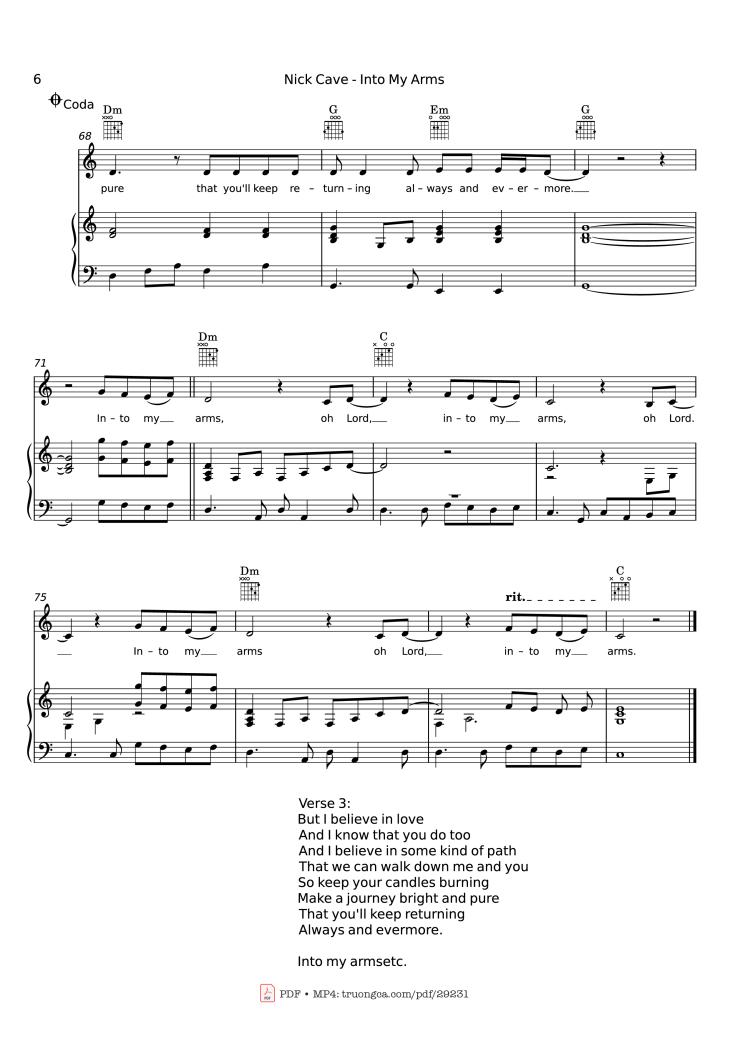 Page 6 of the piano sheet music PDF Piano – Into My Arms Piano by Nick Cave