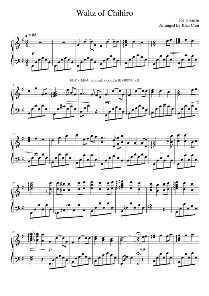 Page 1 of the piano sheet music PDF Piano – Waltz of Chihiro Piano by Joe Hisaishi