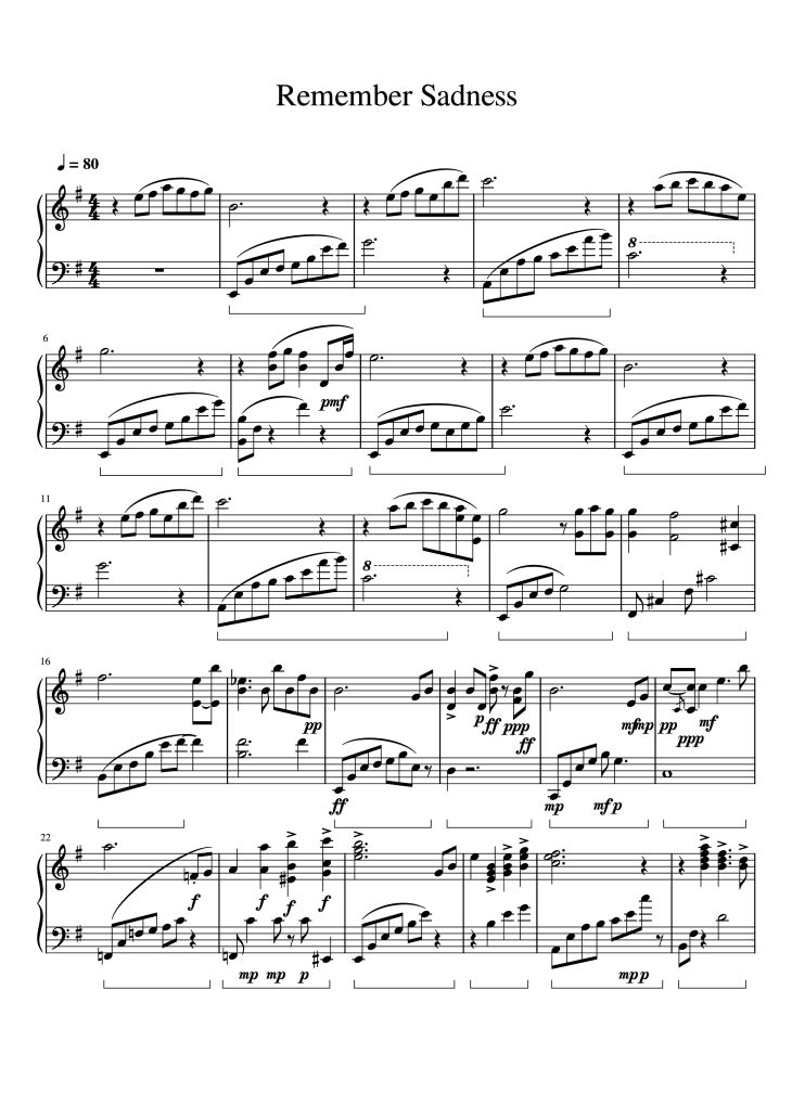 Page 1 of the piano sheet music PDF Piano – Remember Sadness Piano by Saint Seiya