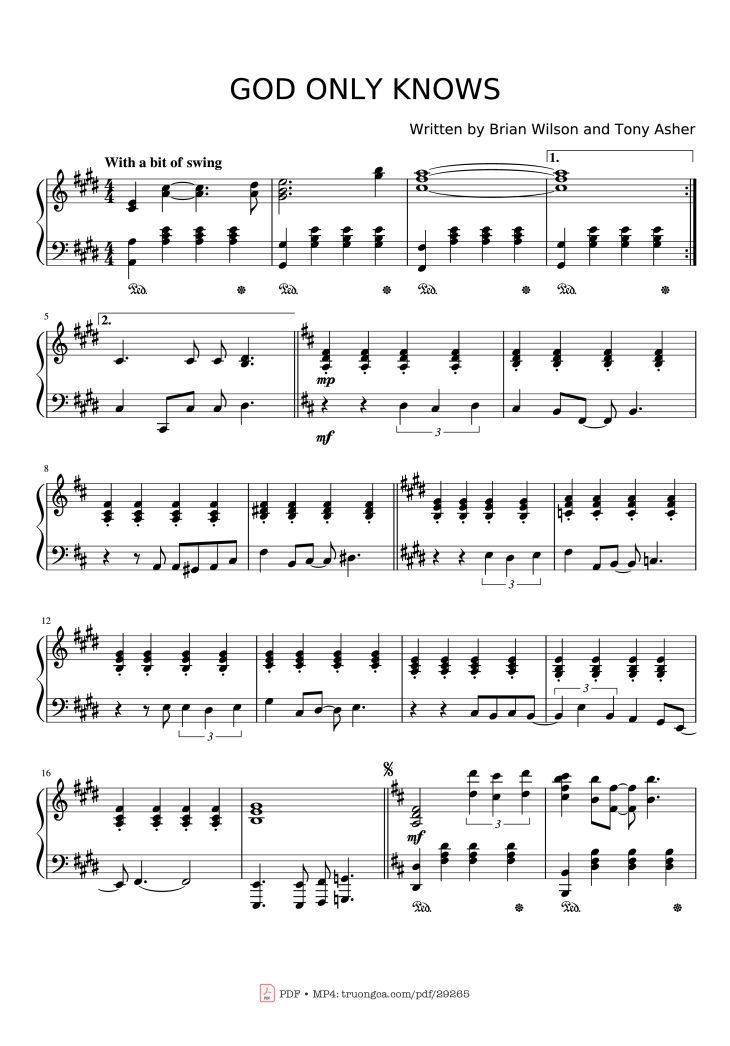Page 1 of the piano sheet music PDF – GOD ONLY KNOWS Piano by Written by Brian Wilson and Tony Asher