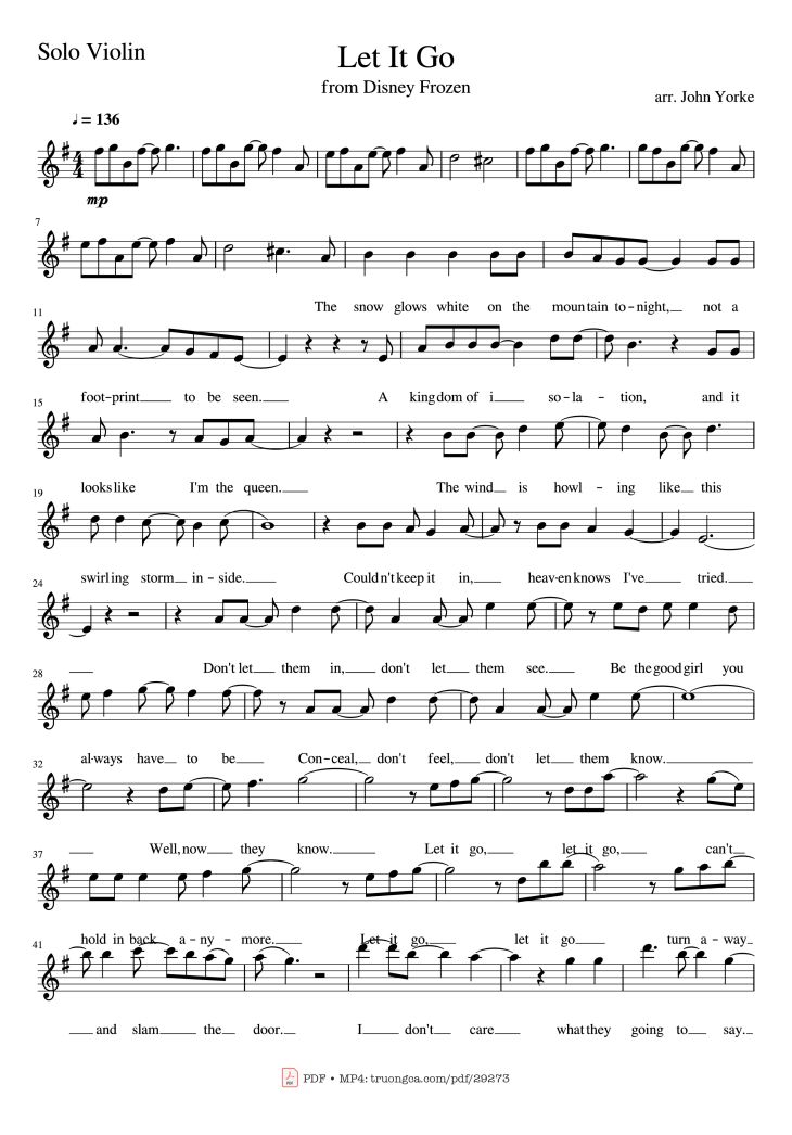 Page 1 of the piano sheet music PDF – Let It Go Violin by Arr. John Yorke