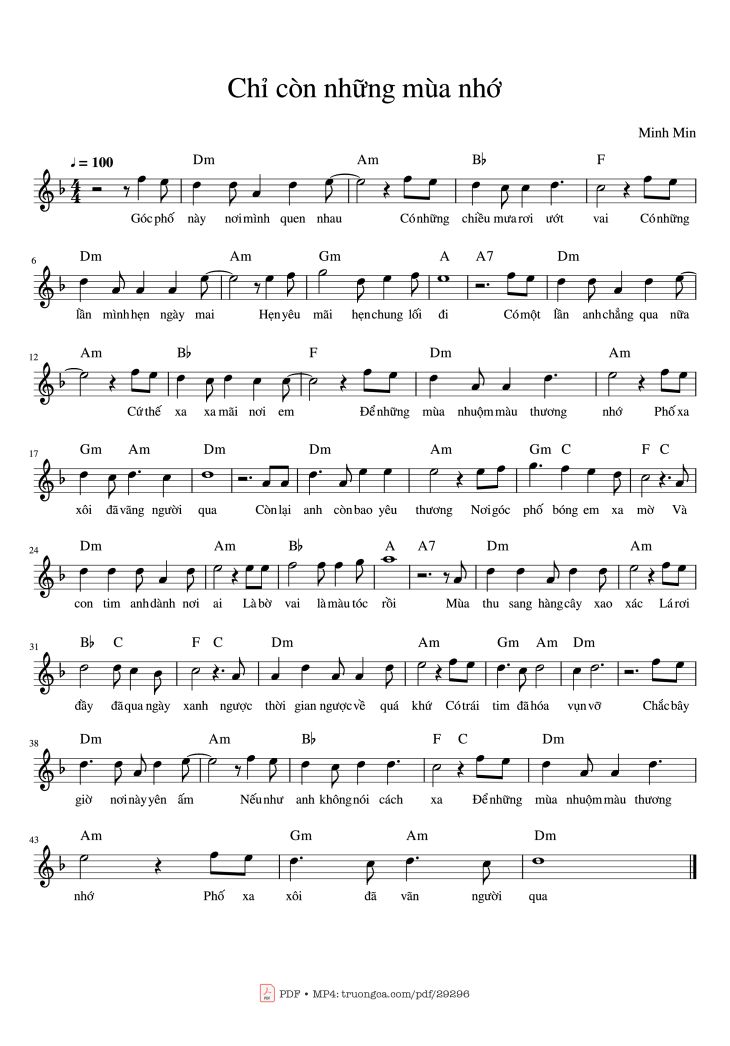 Page 1 of the piano sheet music PDF Piano – Chỉ còn những mùa nhớ Piano by Minh Min
