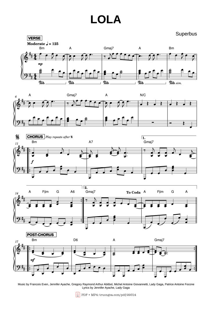 Page 1 of the piano sheet music PDF Piano – LOLA Piano by Superbus