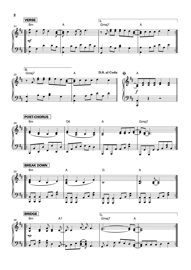 Page 2 of the piano sheet music PDF Piano – LOLA Piano by Superbus